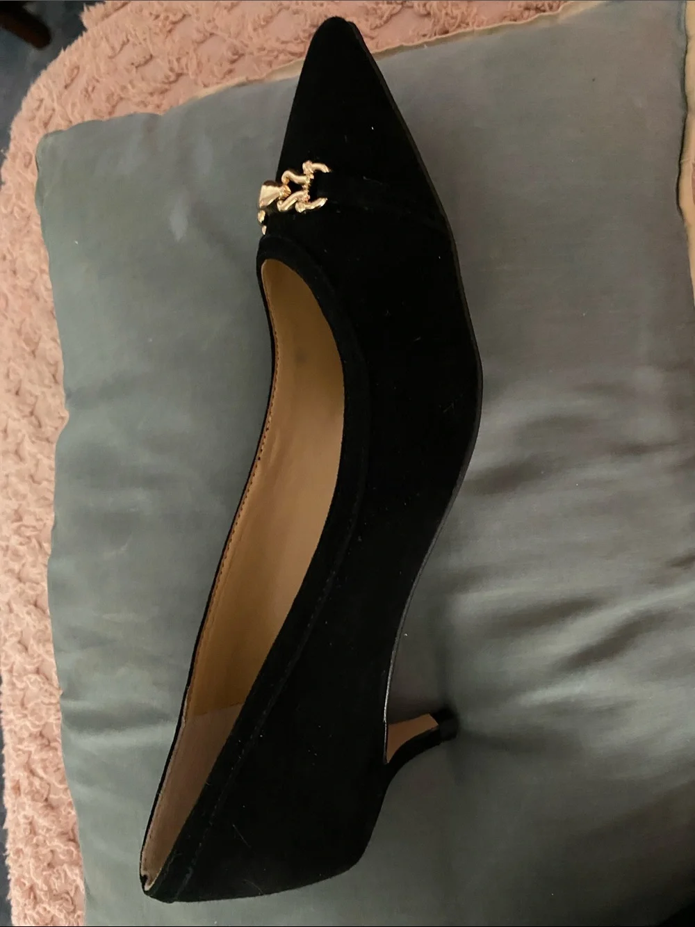 Talbots Black Pointed-Toe Flats with Gold Chain Detail